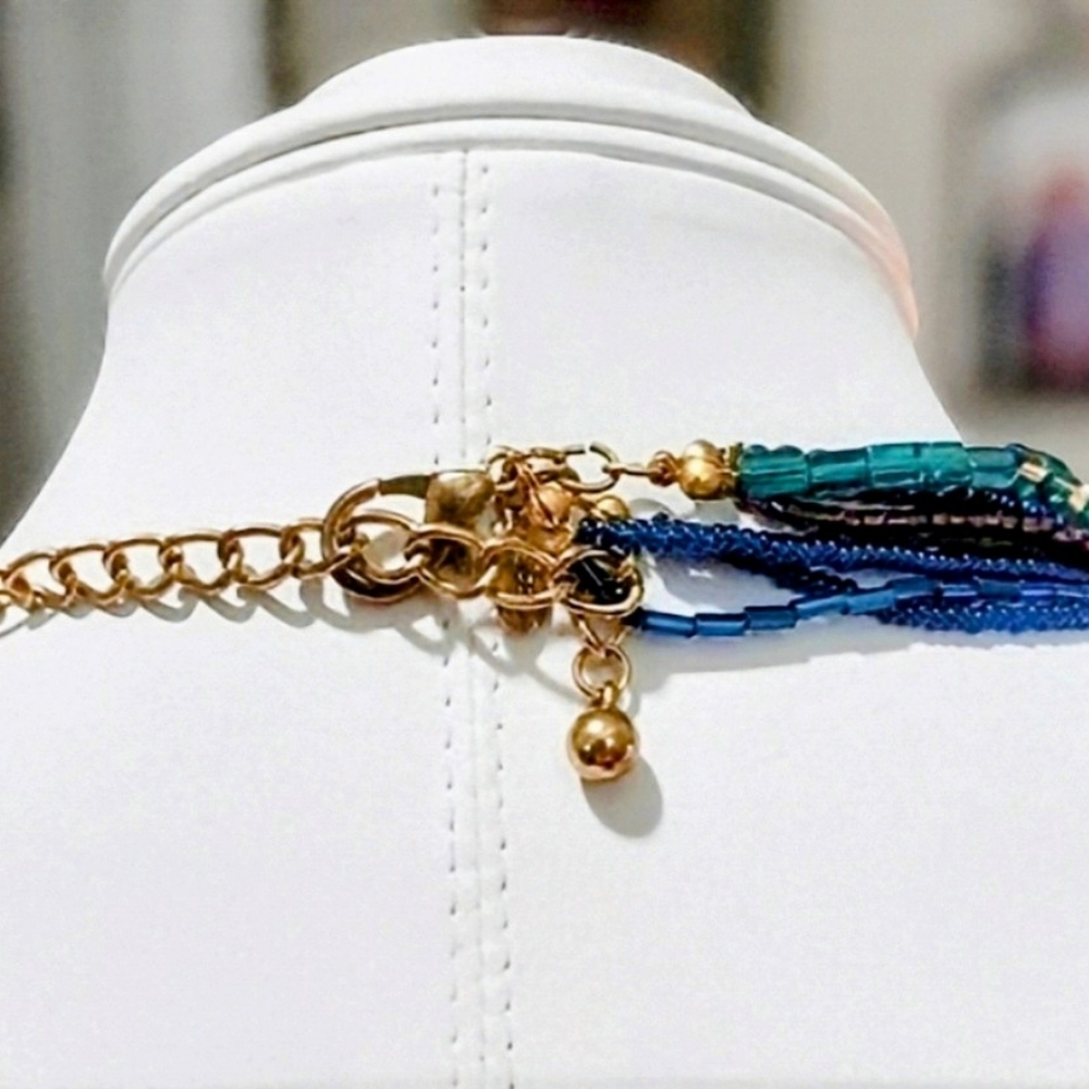 Chico's Multi Strand Floral Adj. Necklace Lobster Claw Blues, Purples & Amber - Picture 3 of 4